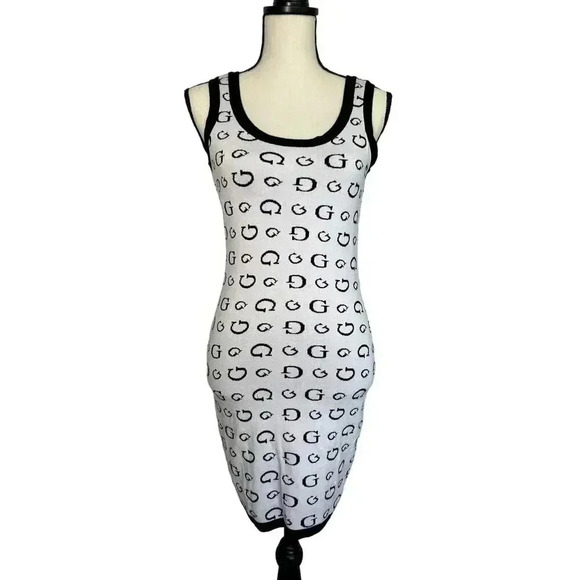 GUESS Monogram G Logo Mini Dress Black White Knit Bodycon Sheath Women’s Size M - Picture 1 of 12